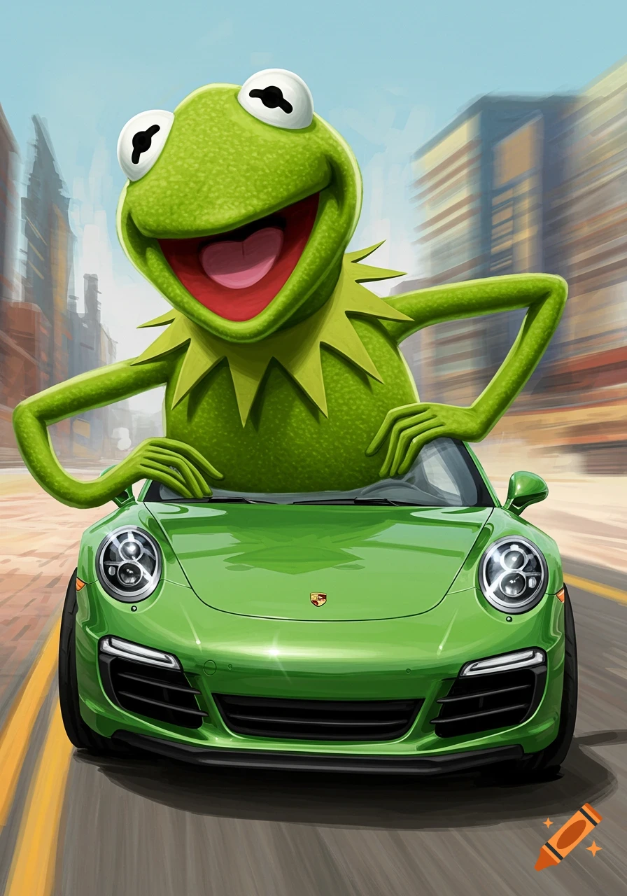 Kermit the Frog driving a green Porsche sports car on a city street in a vibrant digital art style.