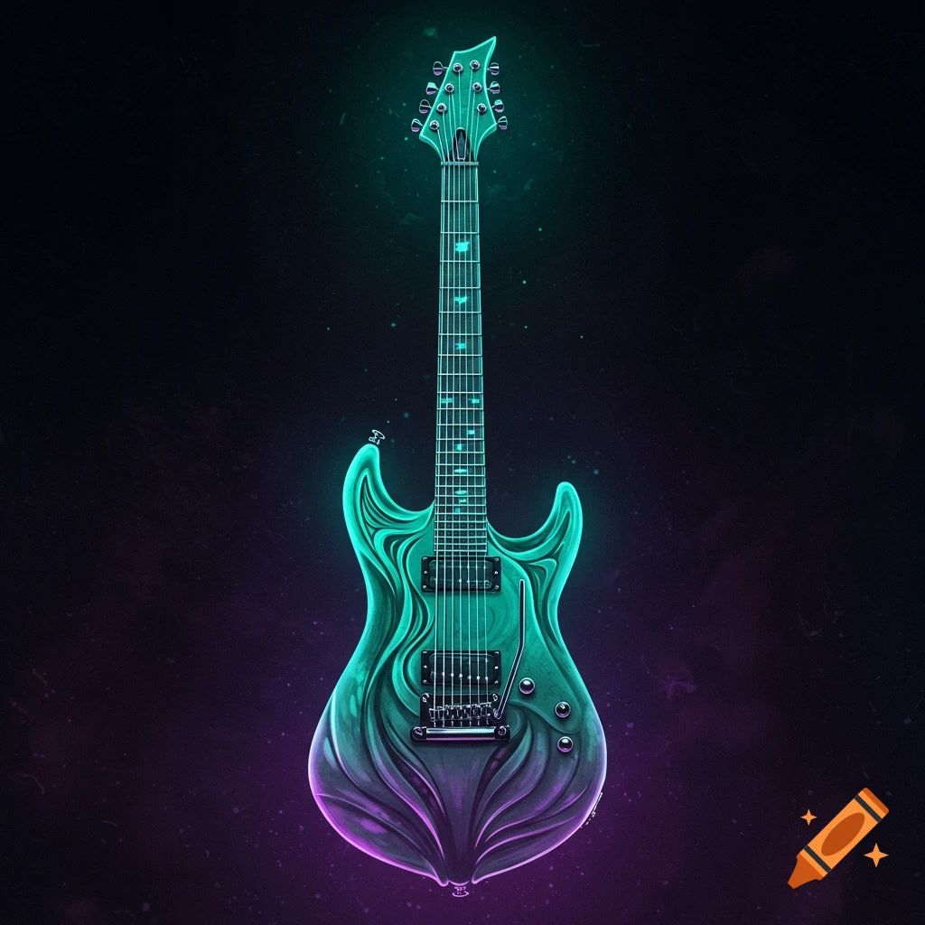 A glowing, futuristic electric guitar with teal and purple neon colors, set against a dark background.