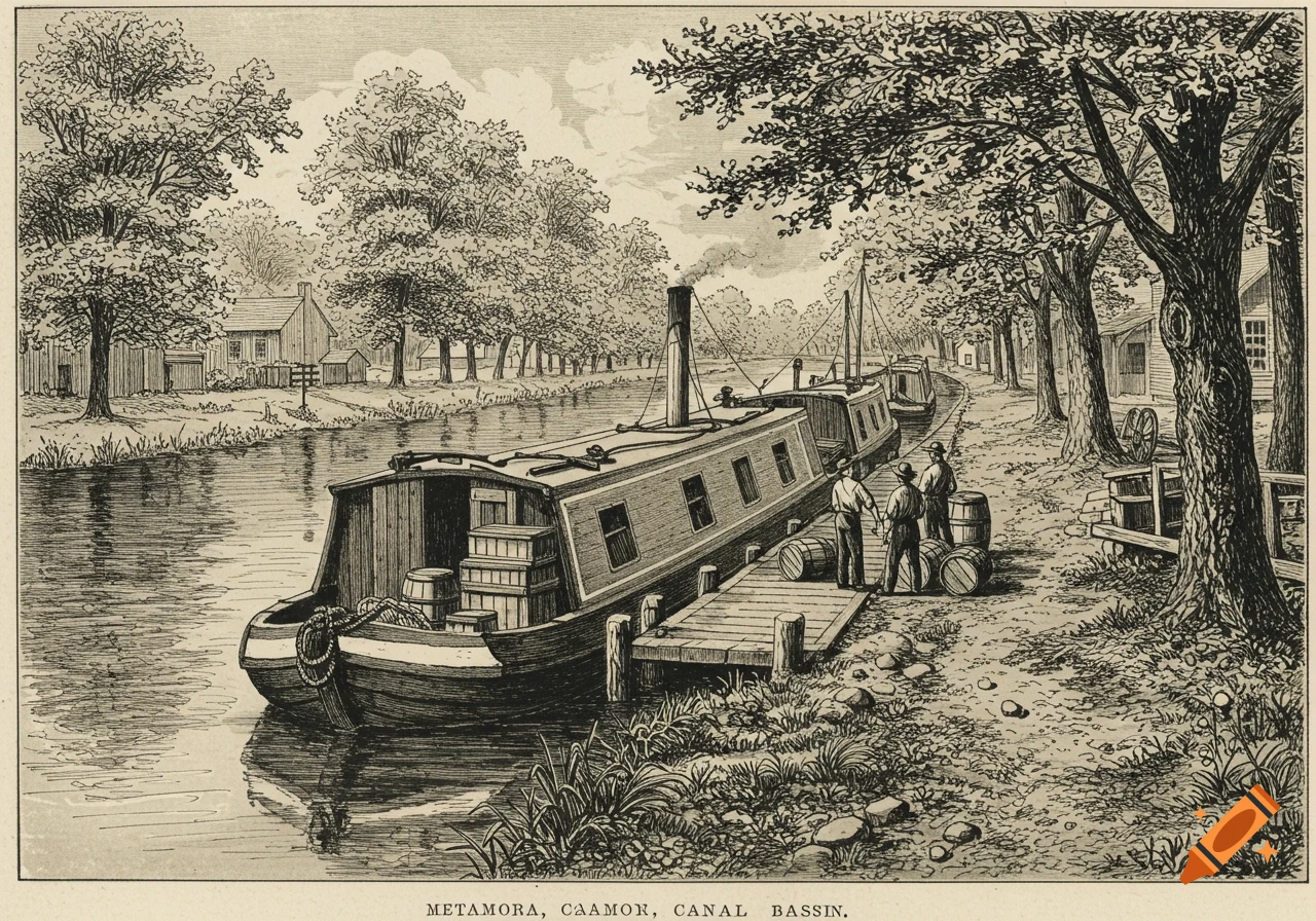 A black and white old-style drawing of a canal boat unloading by a dock, with men, barrels, and trees along the canal.
