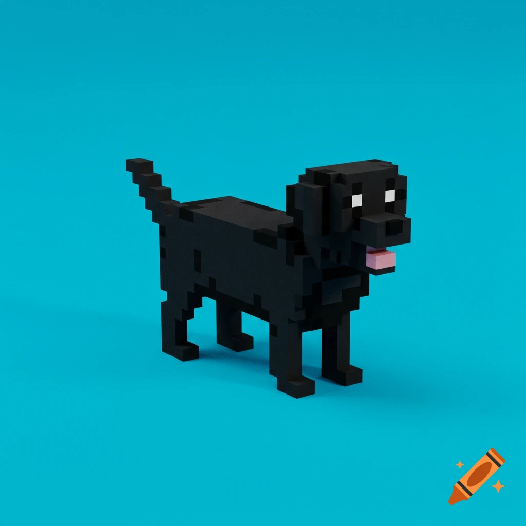 A black pixelated Labrador dog standing on a solid blue background.