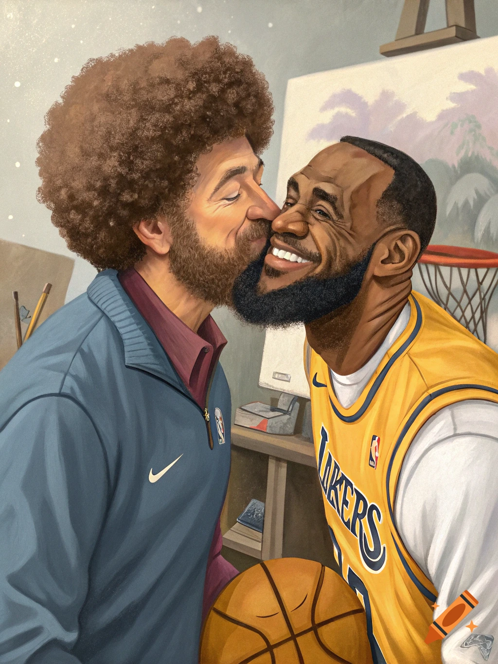 Bob Ross kisses LeBron James on the cheek, who is wearing a Lakers jersey and holding a basketball, in a stylized painting.