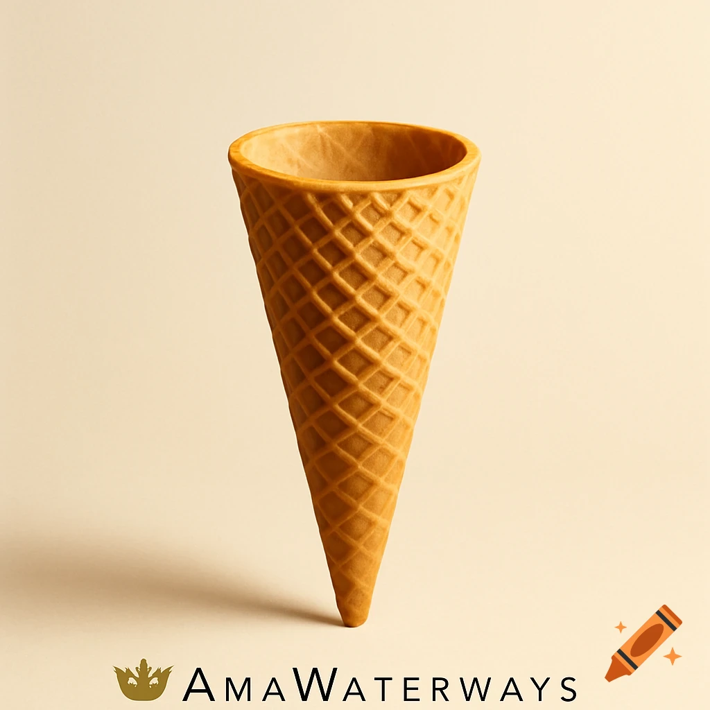 A plain empty waffle ice cream cone stands upright against a soft cream background, with a brand logo and text 'AmaWaterways' at the bottom.
