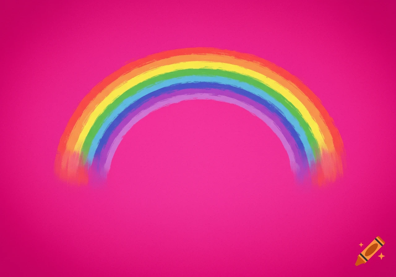 A painterly rainbow arching across a vibrant hot pink background.