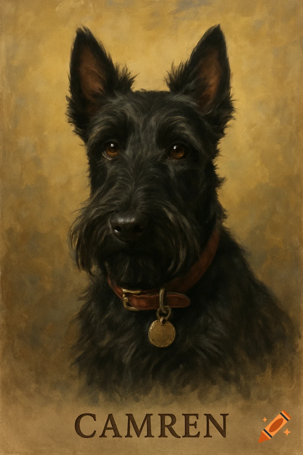 A painted portrait of a black Scottish Terrier dog wearing a brown collar, with the name Camren written below it on a gold background.
