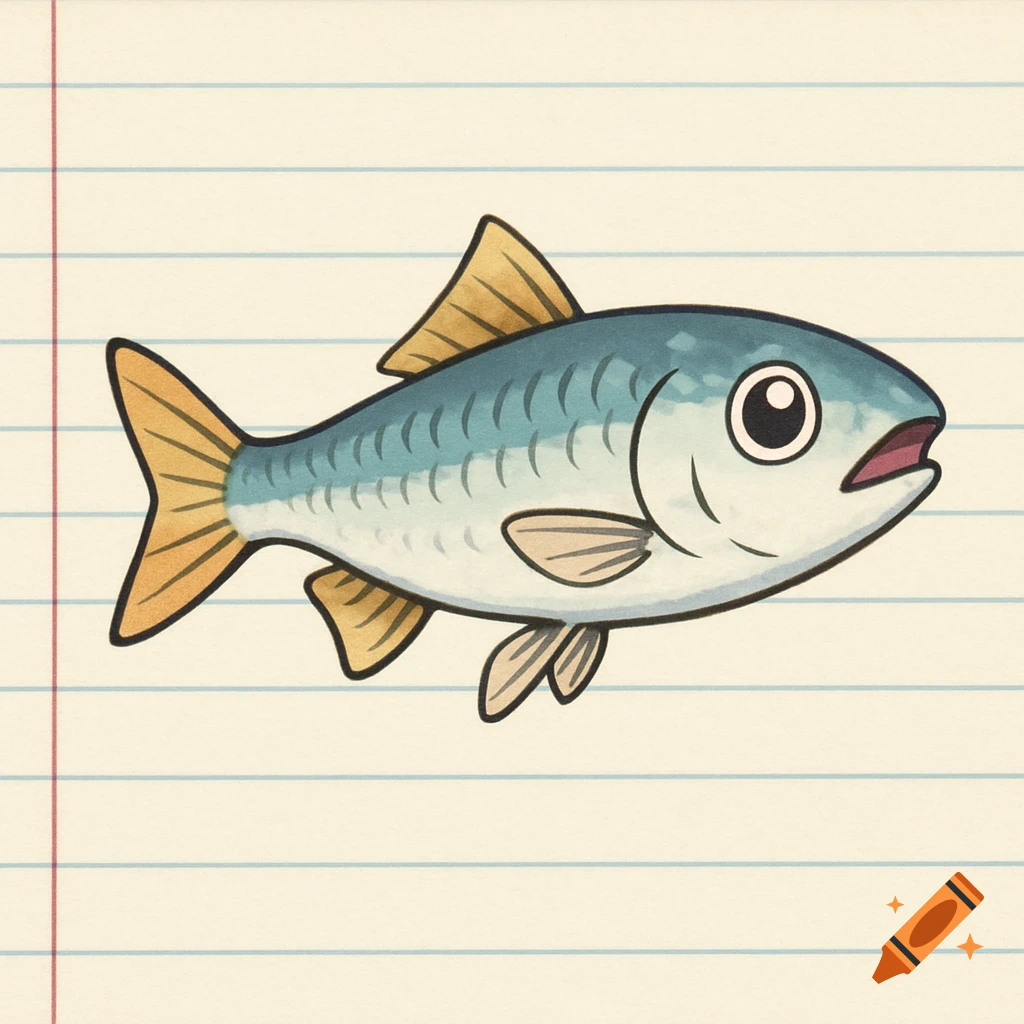A cartoon illustration of a fish on lined notebook paper.
