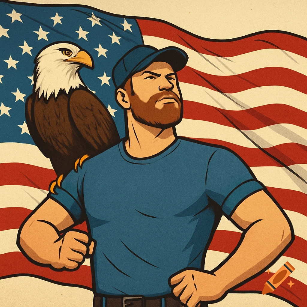 Cartoon illustration of a patriotic man with a beard and baseball cap, an eagle on his shoulder, against an American flag.