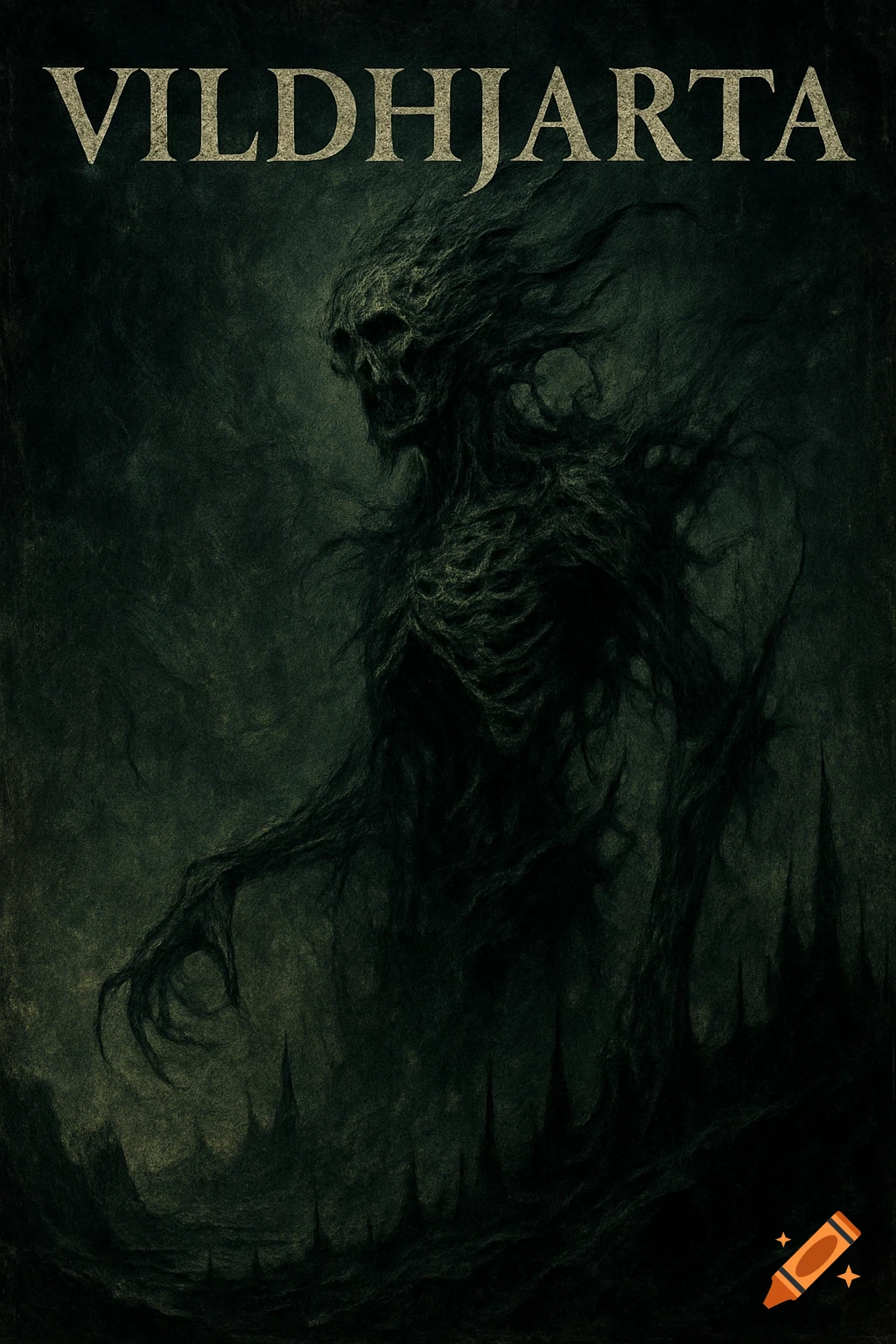 A dark, macabre poster depicting a skeletal, wispy monster with long claws against a textured, dark green background, with 'VILDHJARTA' at the top.