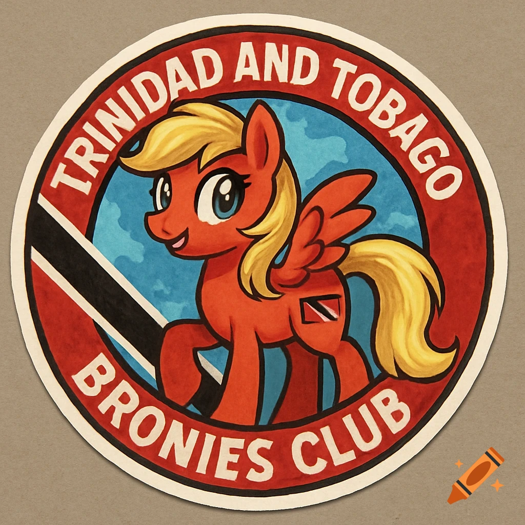 A circular sticker featuring a cartoon red winged pony with blonde hair, set against a blue background, framed by red text that reads 'TRINIDAD AND TOBAGO BRONIES CLUB'.