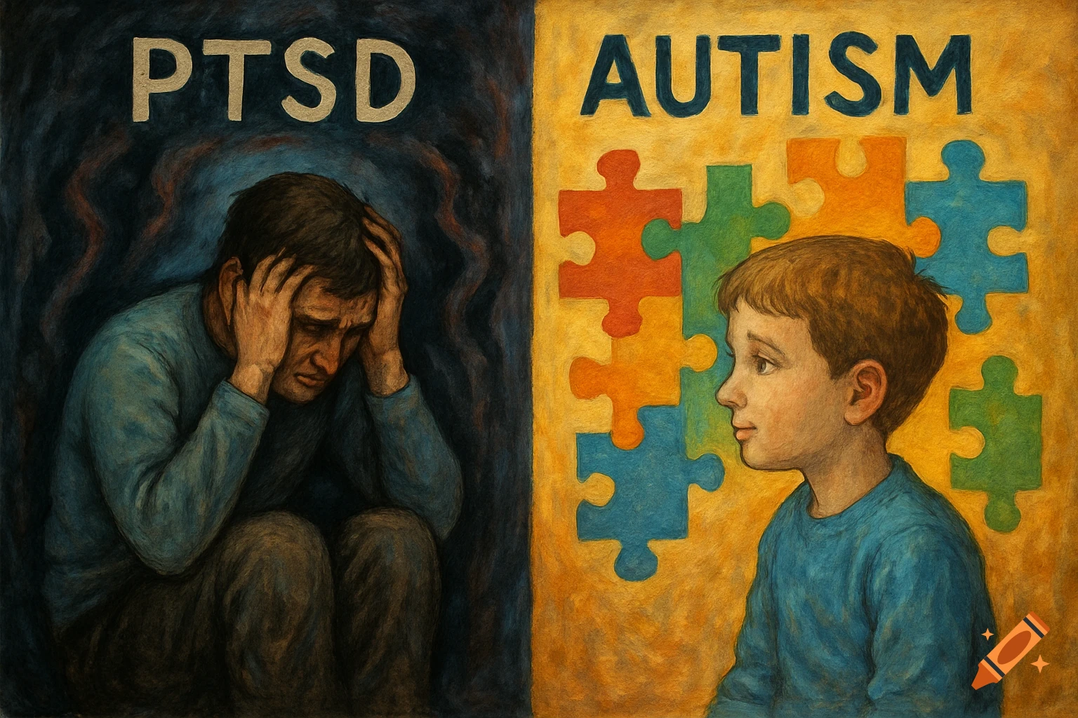Illustrative split image showing a distressed man under 'PTSD' and a calm boy with puzzle pieces under 'AUTISM'.
