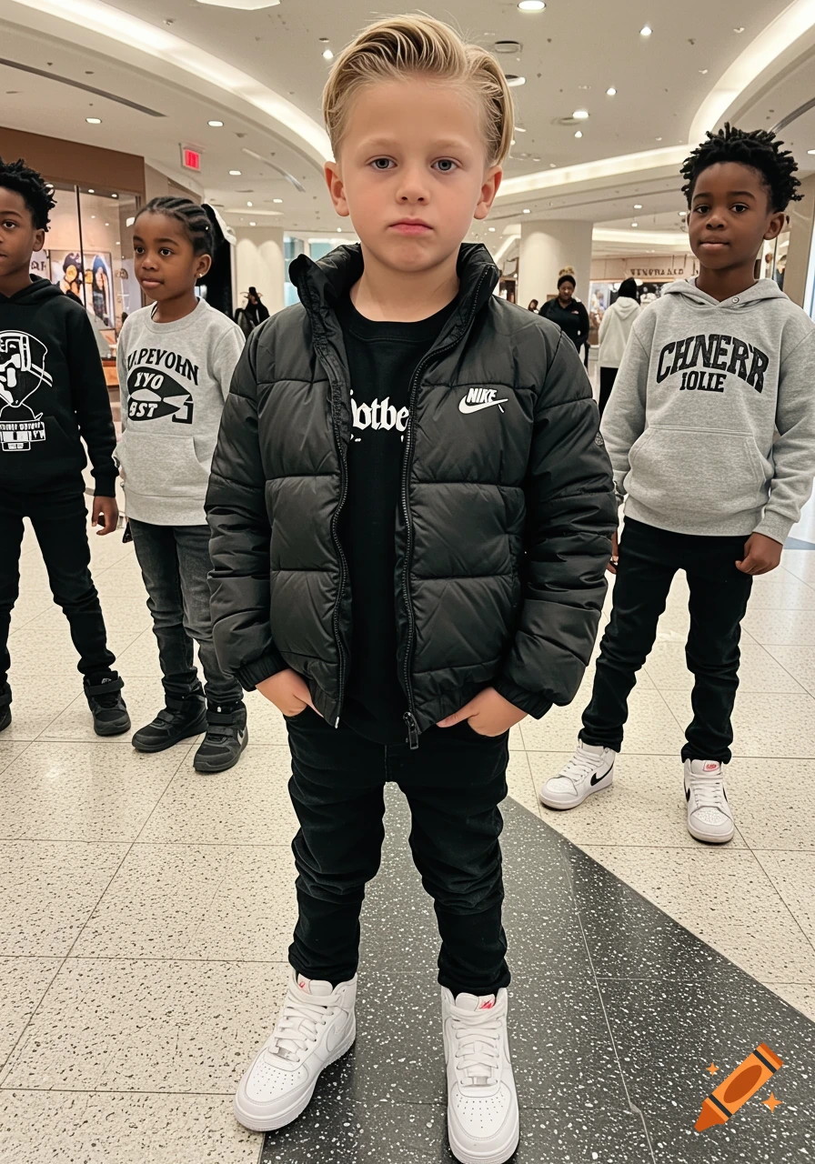 An Instagram photo of a blonde boy in a black puffer jacket and jeans with his hands in his pockets, standing in a mall with other kids.