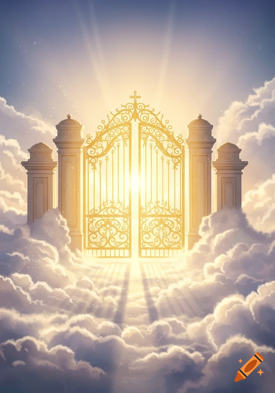 Golden gates surrounded by bright clouds and divine light, set against a blue sky.