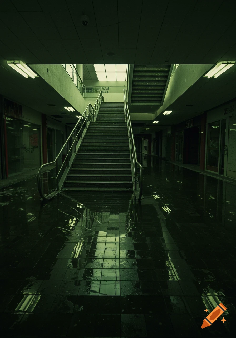 A long staircase in an abandoned, green-tinted mall, with the floor flooded with murky water reflecting the lights.