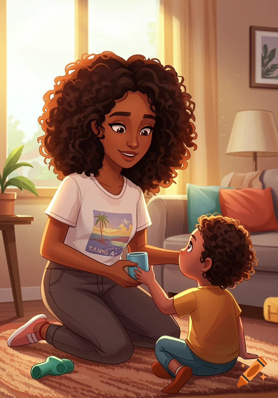 A cartoon mother with curly hair kneels, offering a blue cup to her young child, who is sitting on a rug in a cozy, sunlit living room.