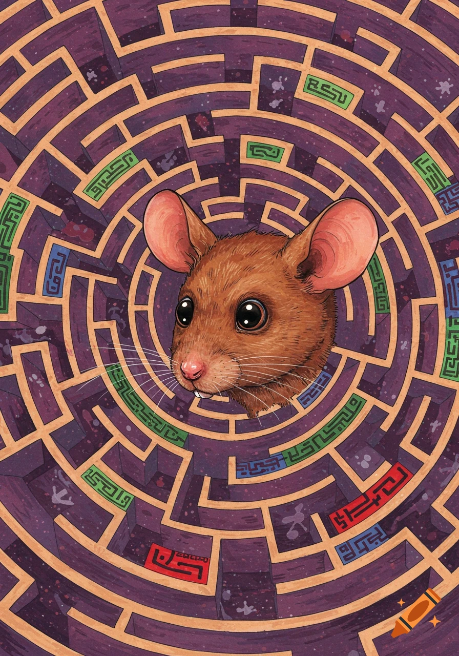 An illustration of a brown mouse's head peering out from the center of a circular, dark purple maze with orange walls and abstract symbols in green, blue, and red sections.