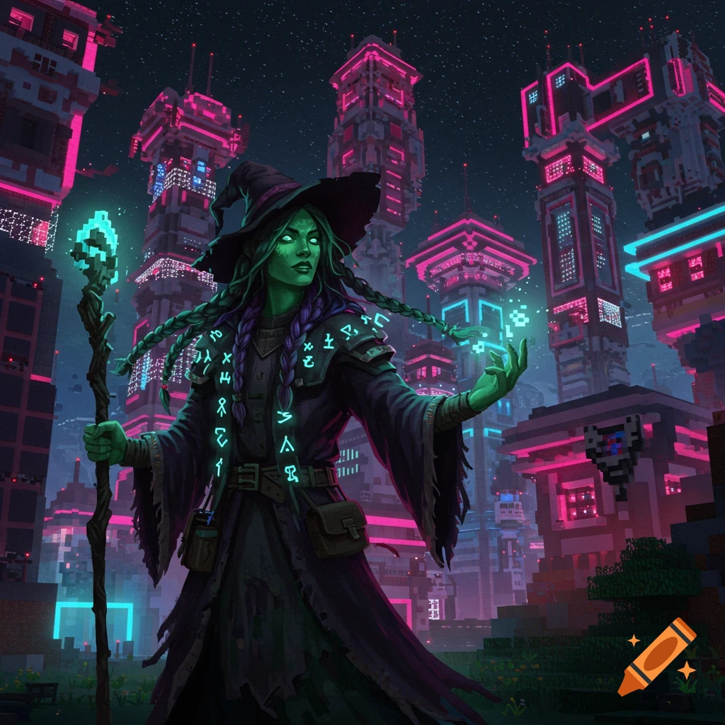 A green-skinned witch with glowing runes on her clothes holds a magical staff and glowing orb in a neon-lit, pixelated futuristic city at night.