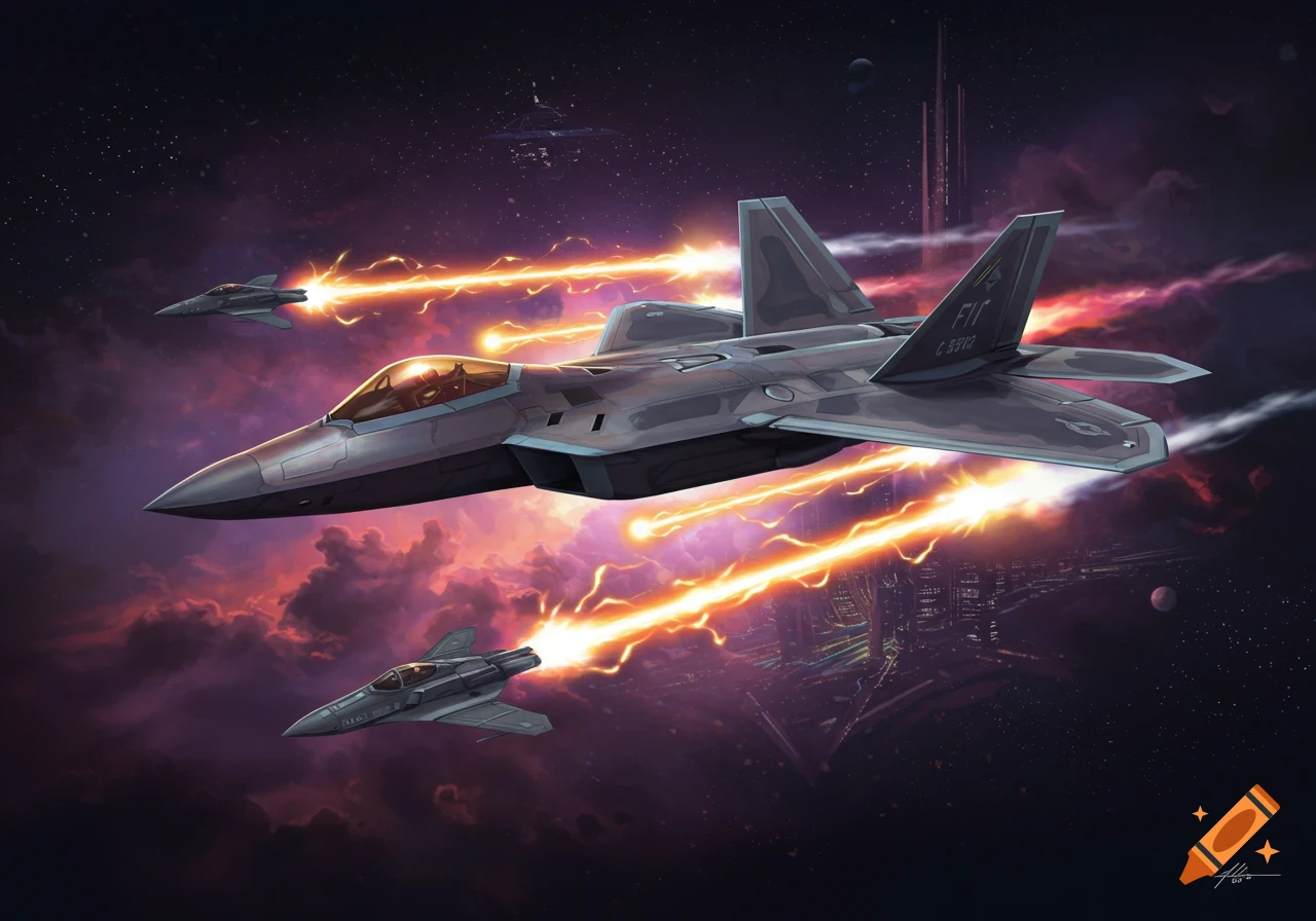 Three futuristic fighter jets with glowing plasma trails fly over a cityscape under a nebula-filled night sky.