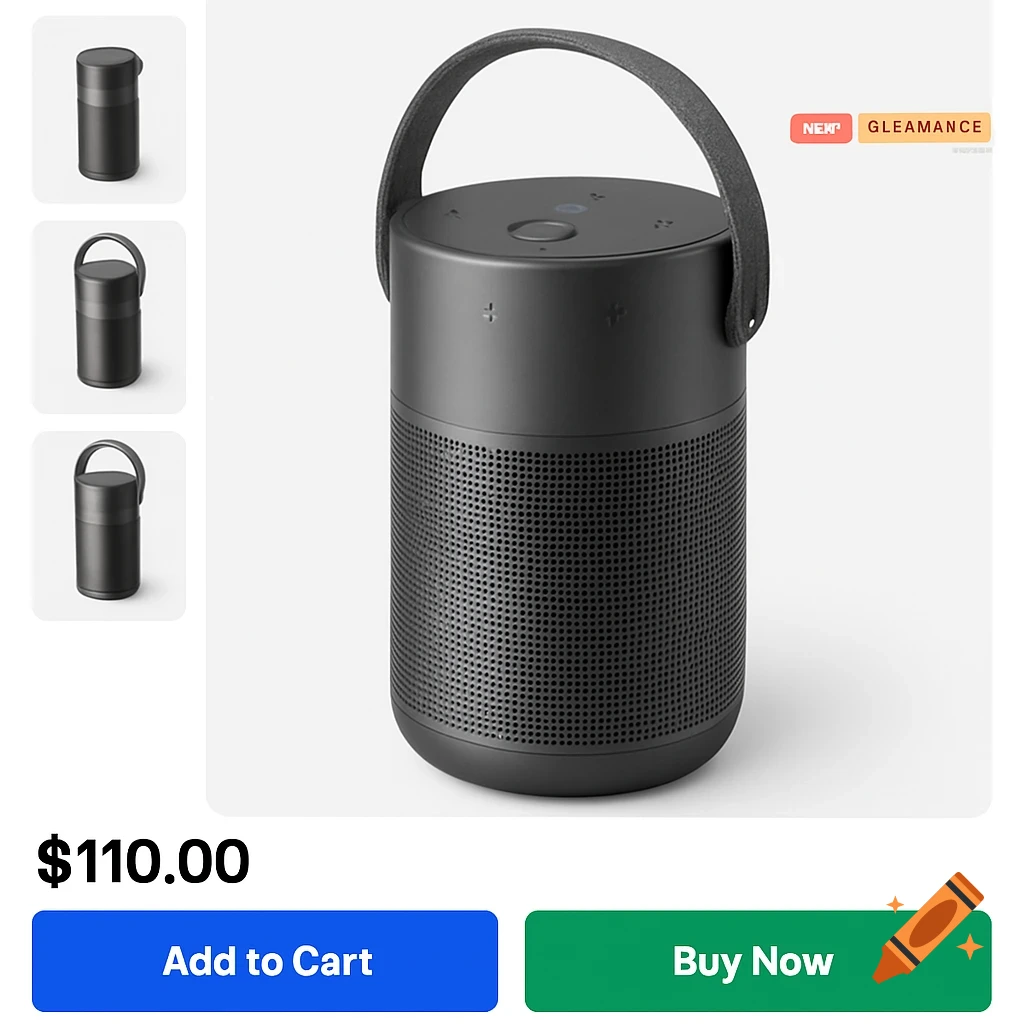 A product page display for a black cylindrical portable Bluetooth speaker with a fabric handle, shown from multiple angles. It features a price of $110.00, 'Add to Cart' and 'Buy Now' buttons, and 'NEW' and 'GLEAMANCE' labels.