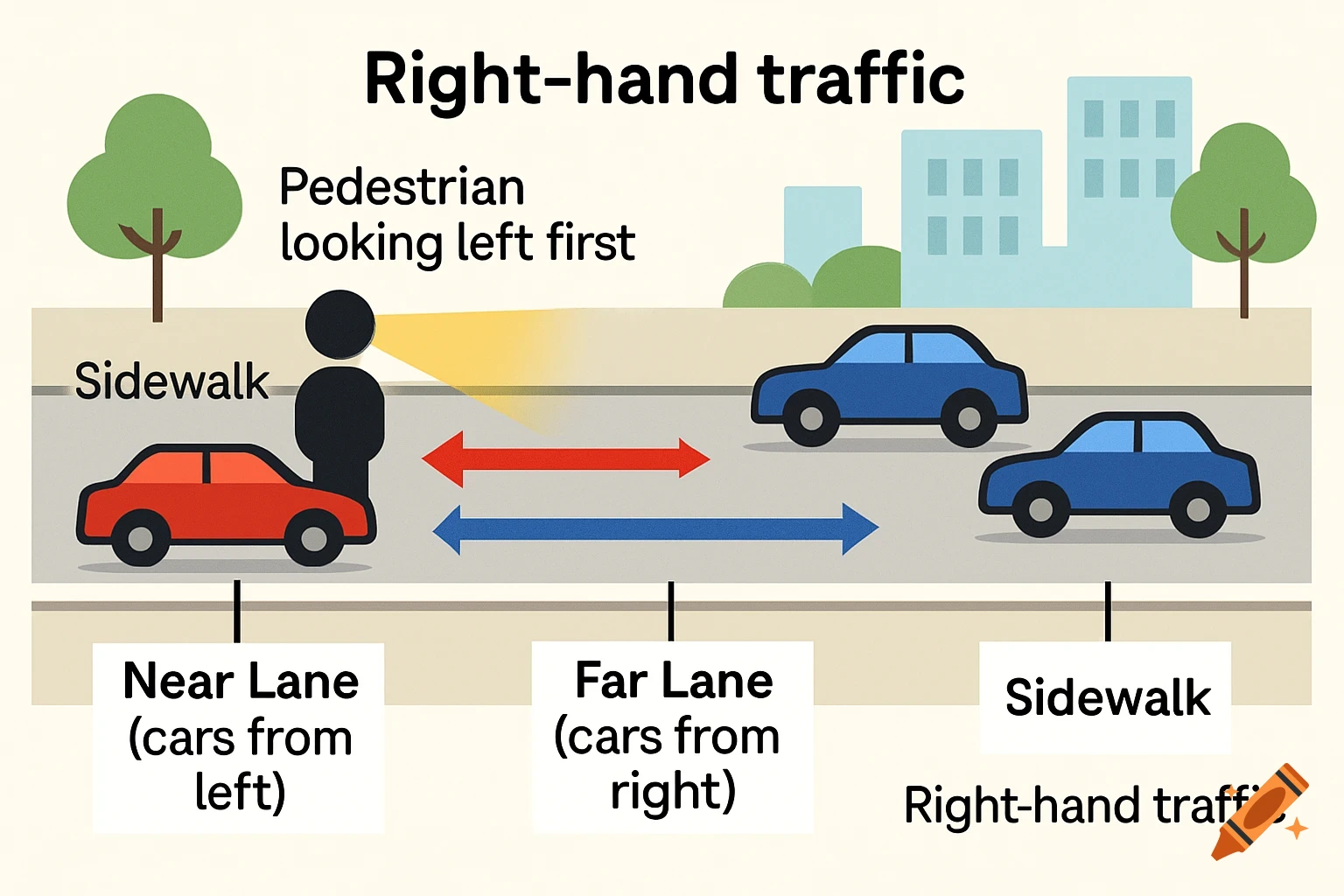 An educational diagram illustrating right-hand traffic, with a pedestrian on a sidewalk looking left, and labeled lanes for cars.