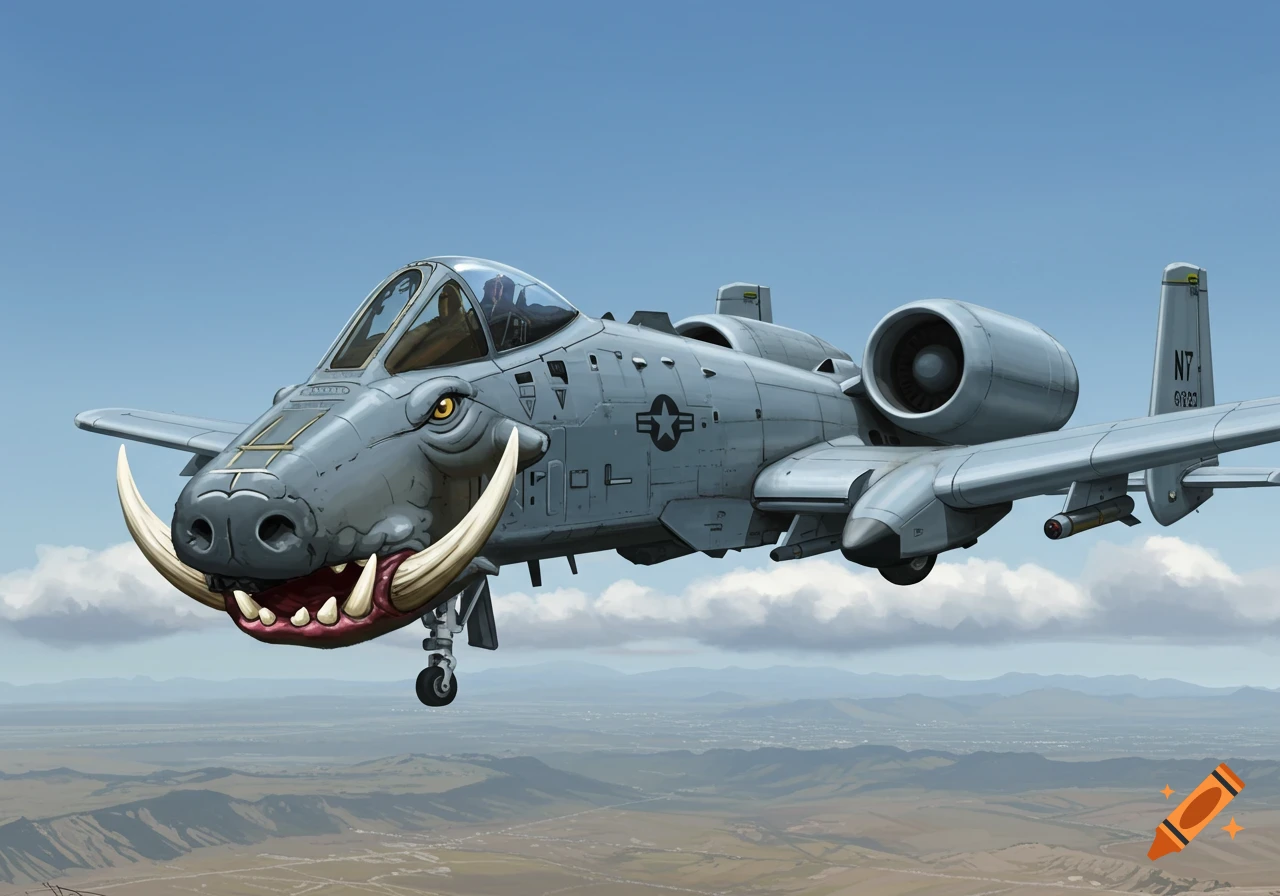 Cartoon-style A-10 Warthog jet with an actual warthog face, complete with tusks and snout, flying over mountains.