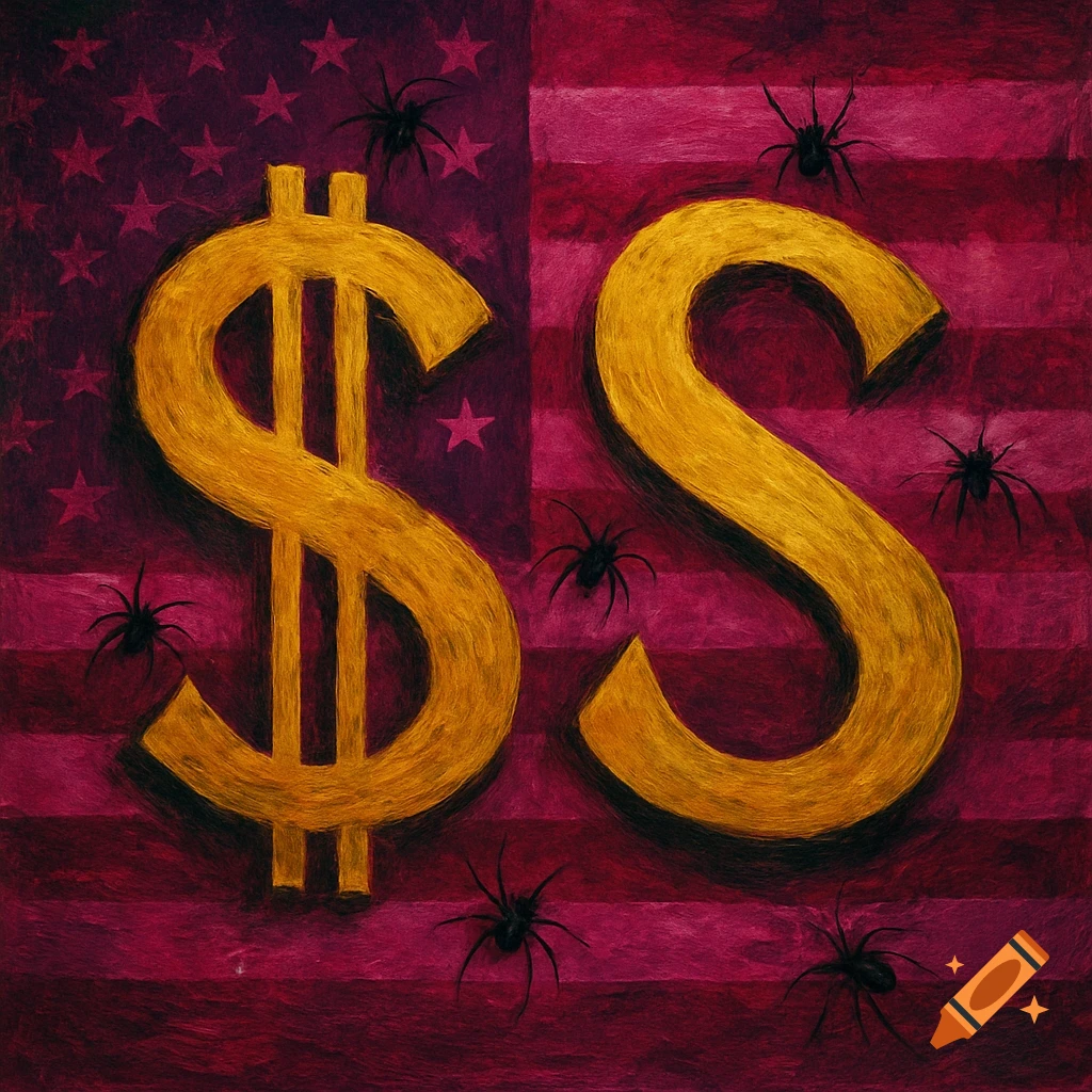 A dark, textured painting of a gold dollar sign and a capital S against a stylized pink and red American flag background, with black spiders crawling on it.