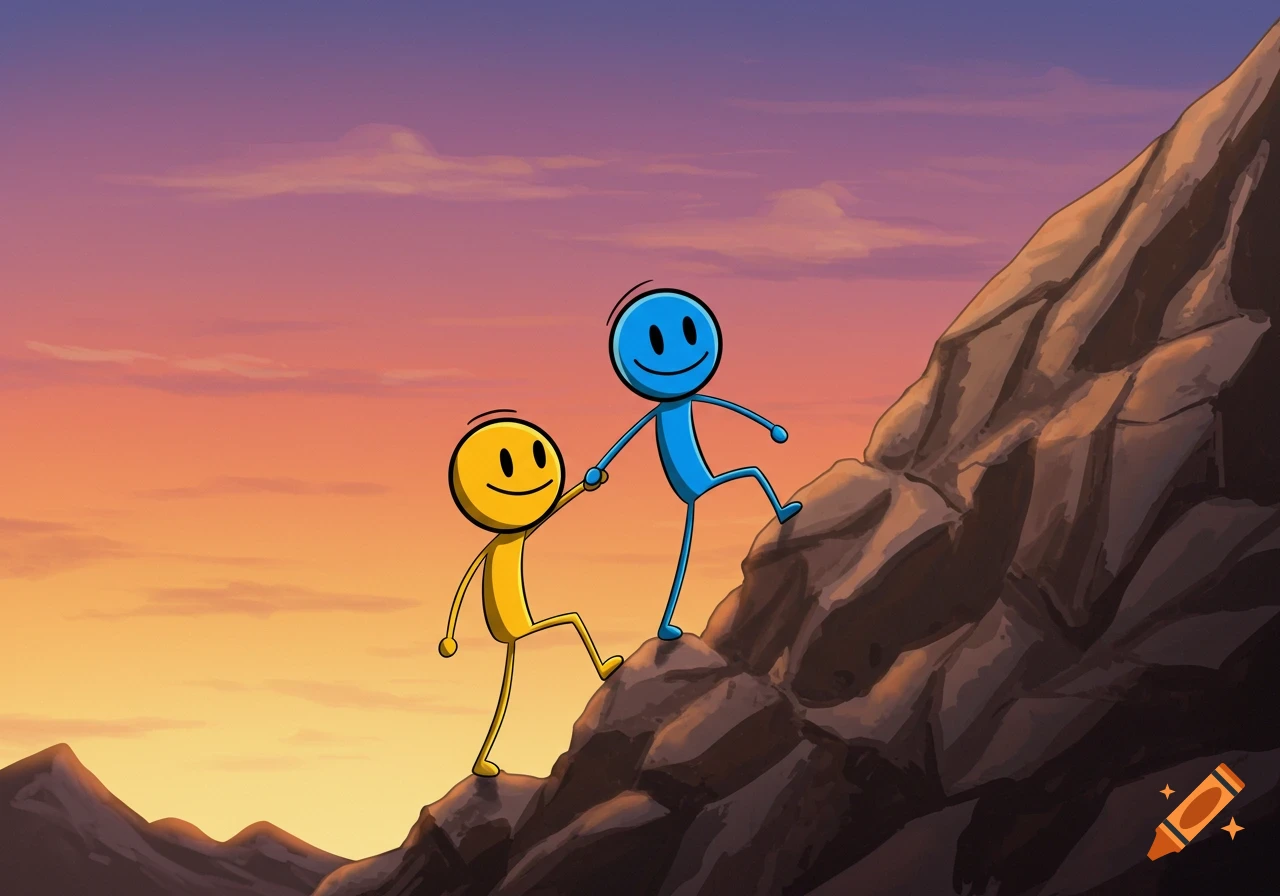 Cartoon of a yellow and blue stick figure helping each other climb a rocky mountain under a colorful sunset sky.