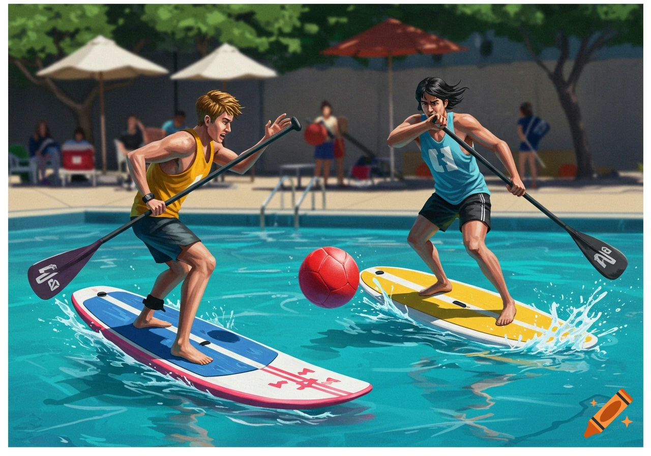 Two men on paddleboards in a swimming pool play dodgeball, surrounded by splashing water, in a stylized illustration.