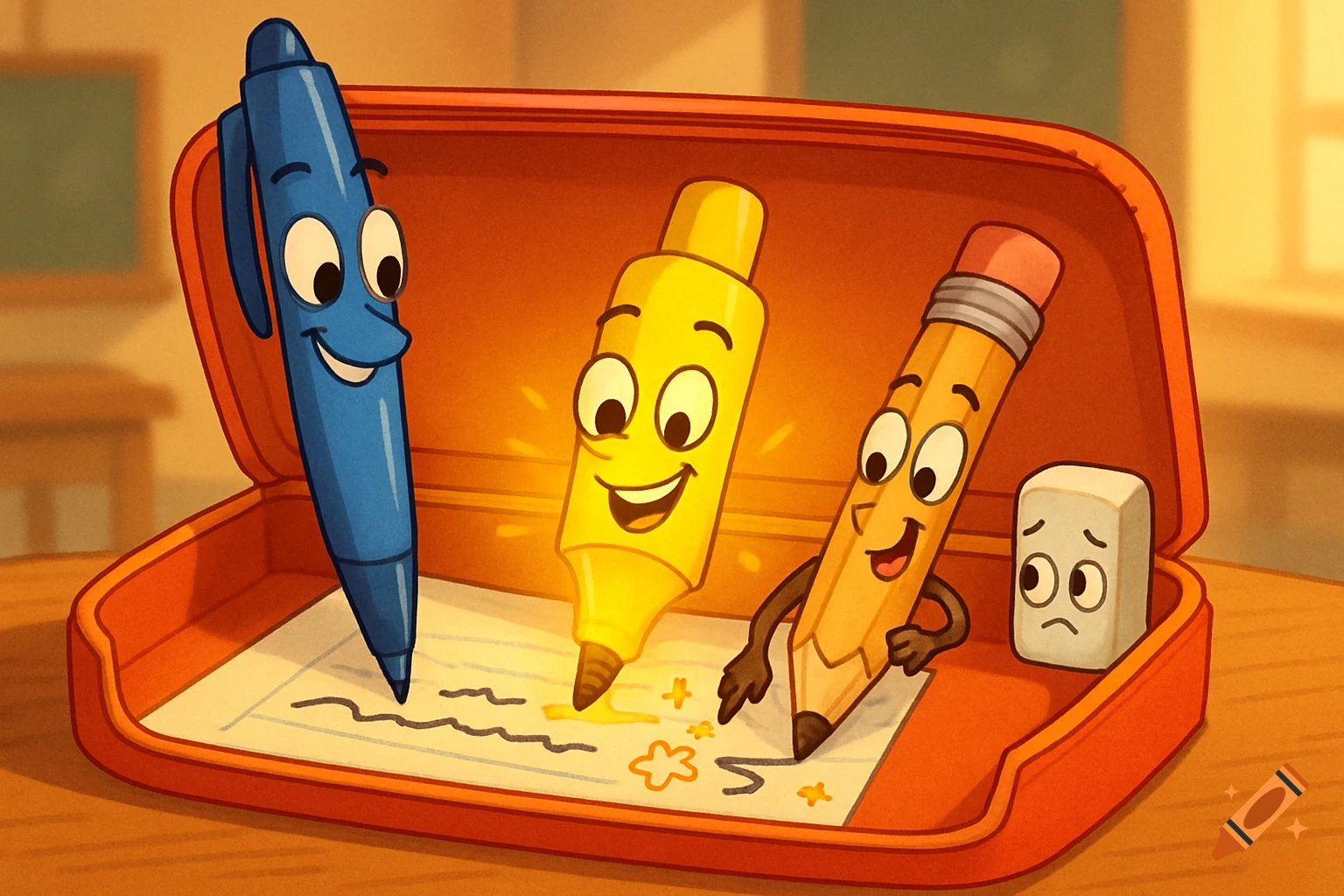 Animated pen, highlighter, and pencil drawing in an open pencil case, with a sad eraser watching. Cartoon style, warm classroom background.