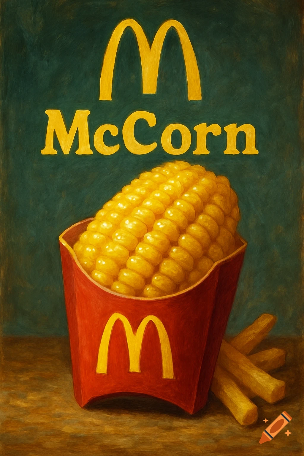 A painting of a large corn cob in a red McDonald's french fry box with "McCorn" written above it, in a painterly style.