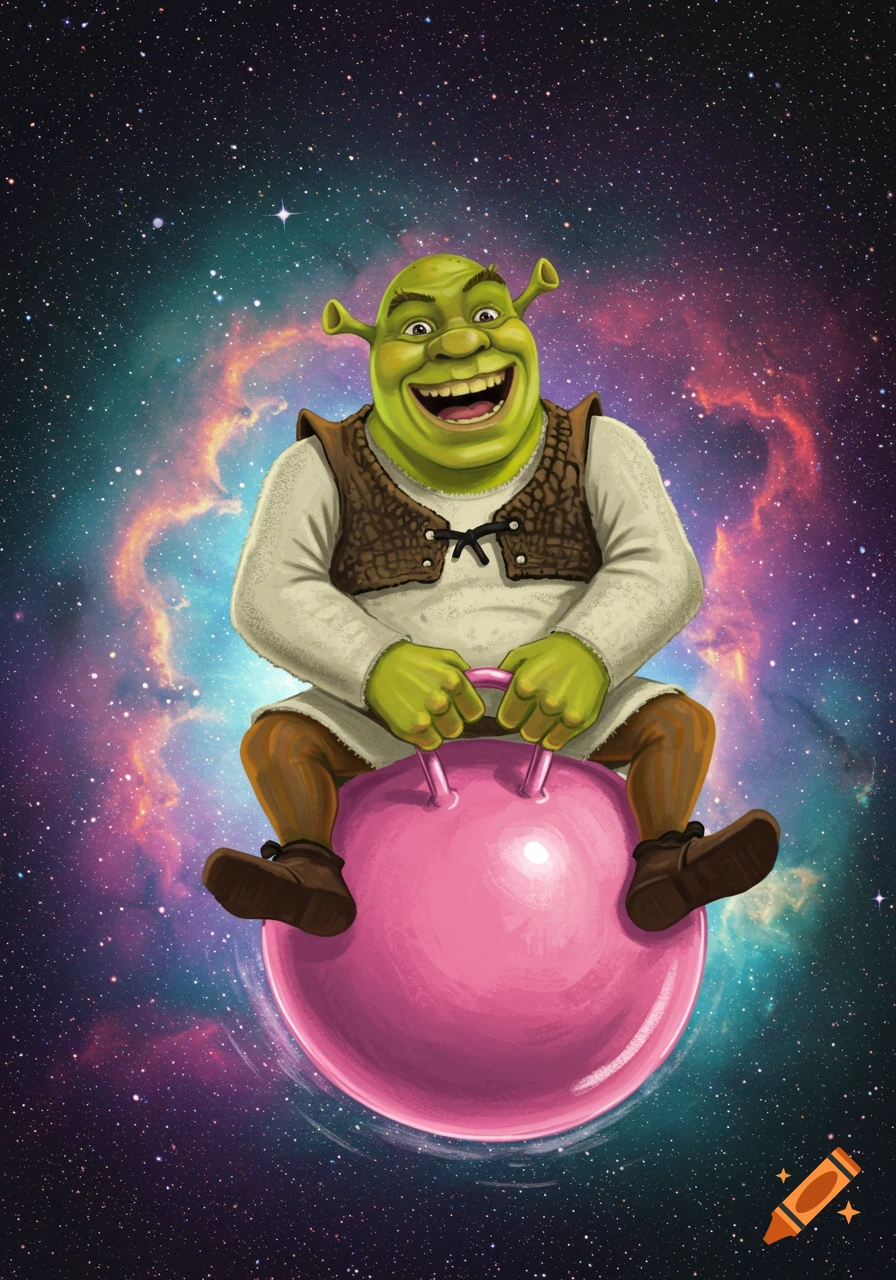 Shrek laughing happily while bouncing on a pink space hopper against a vibrant galaxy background.