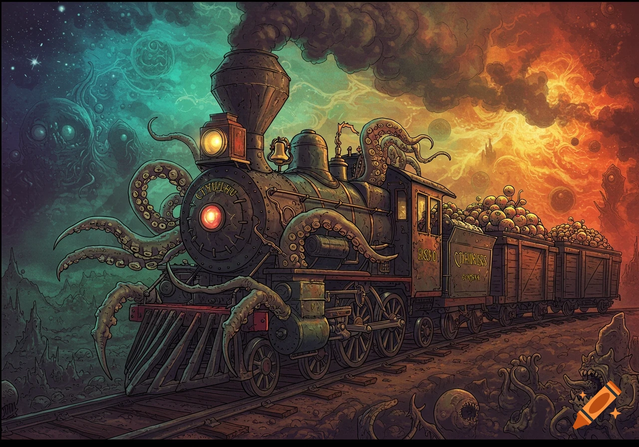 A steampunk-style train covered in Cthulhu-like tentacles, pulling cars filled with strange lumpy cargo, against a cosmic horror backdrop.