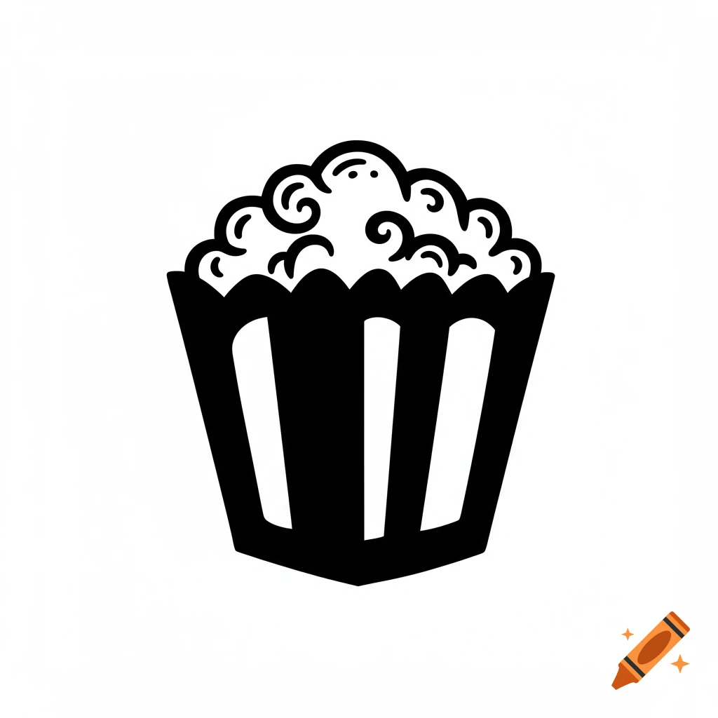 Black and white clip art symbol of a popcorn container overflowing with popcorn.
