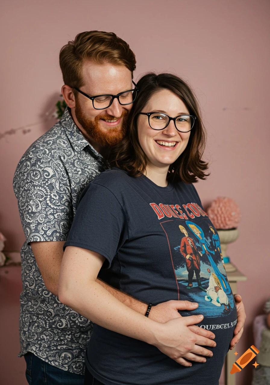 A red-haired man hugs his smiling pregnant wife, who wears glasses and ...