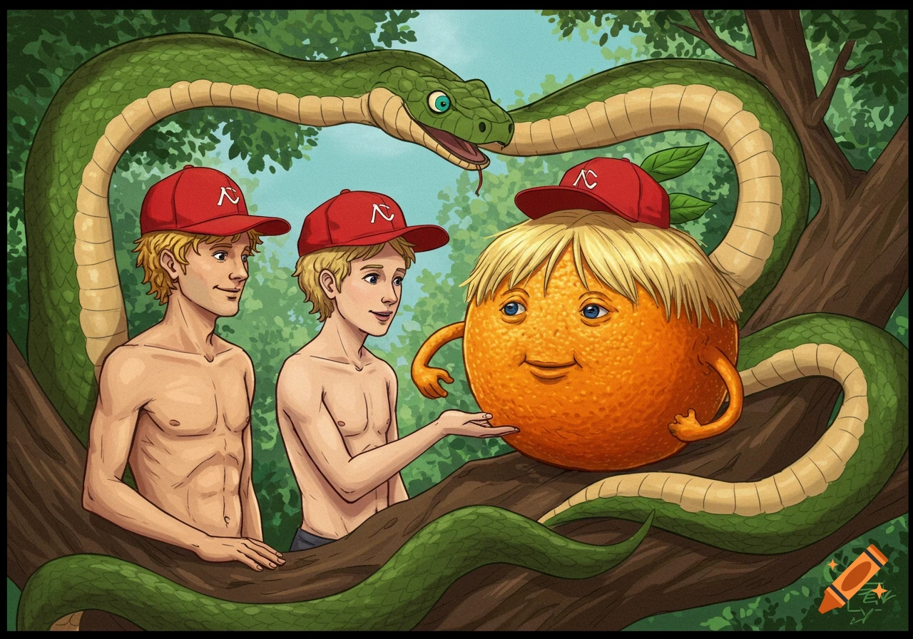 Cartoon of two shirtless young men in red caps with a snake and an anthropomorphic orange with a comb-over in a tree.