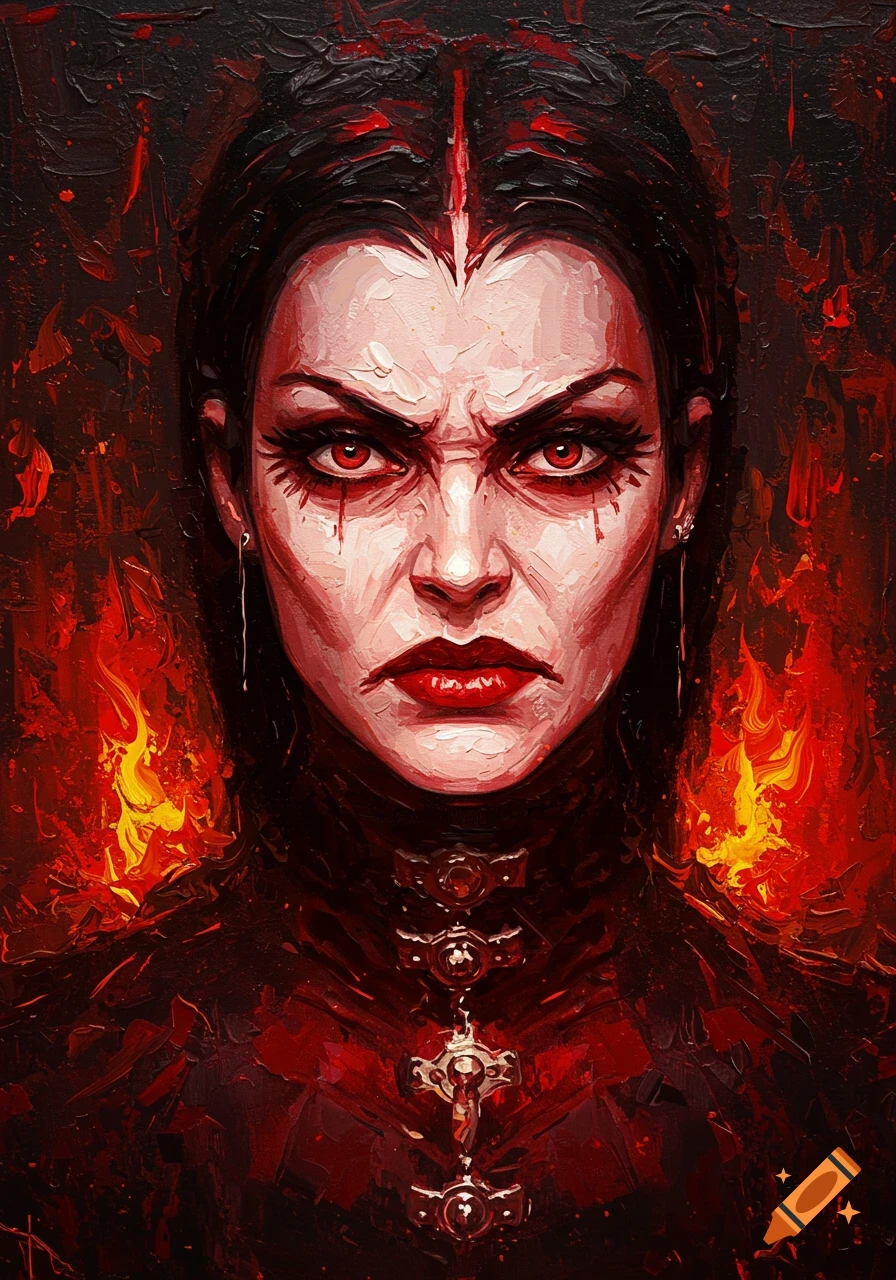 Abstract oil painting of a hostile goth woman with red eyes, featuring thick red and black brushstrokes and fire.