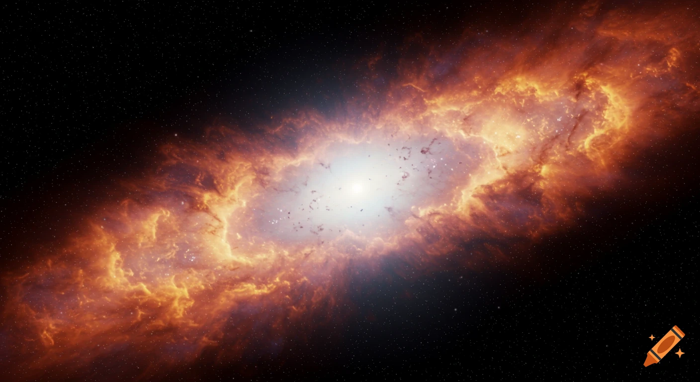 A vibrant red and orange nebula with a bright white center, surrounded by stars in deep space.