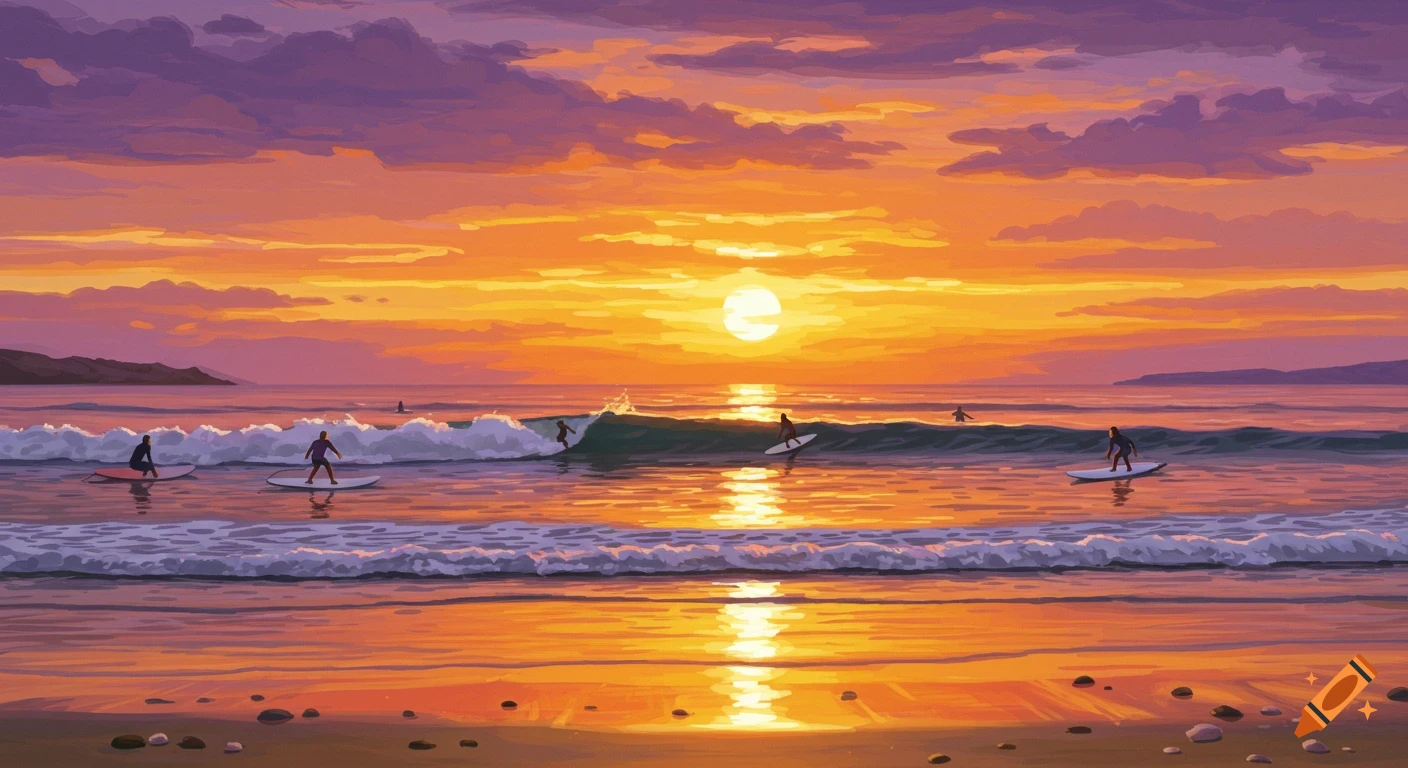 Stylized painting of surfers in the ocean at sunset with vibrant orange and purple sky.