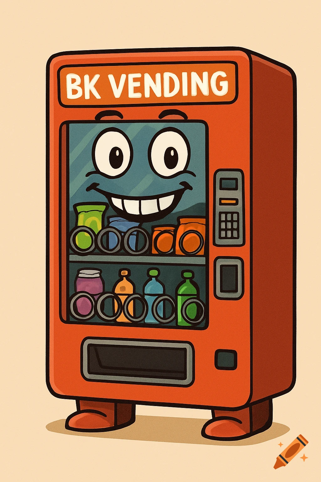 A cartoon illustration of an orange vending machine with a smiling face and the words "BK VENDING" on top, containing various colorful items.