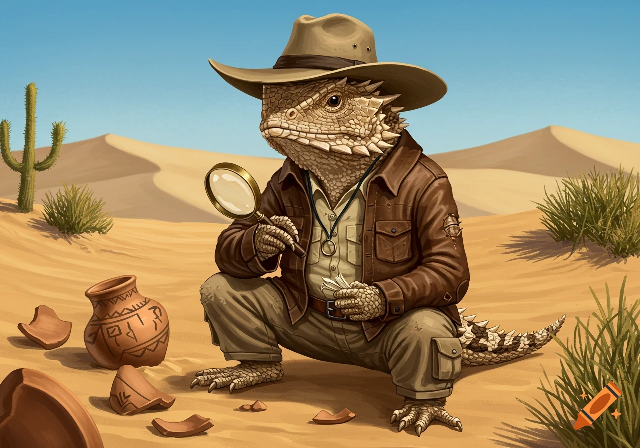A horned lizard dressed as an archaeologist crouches in the desert, examining broken pottery with a magnifying glass.