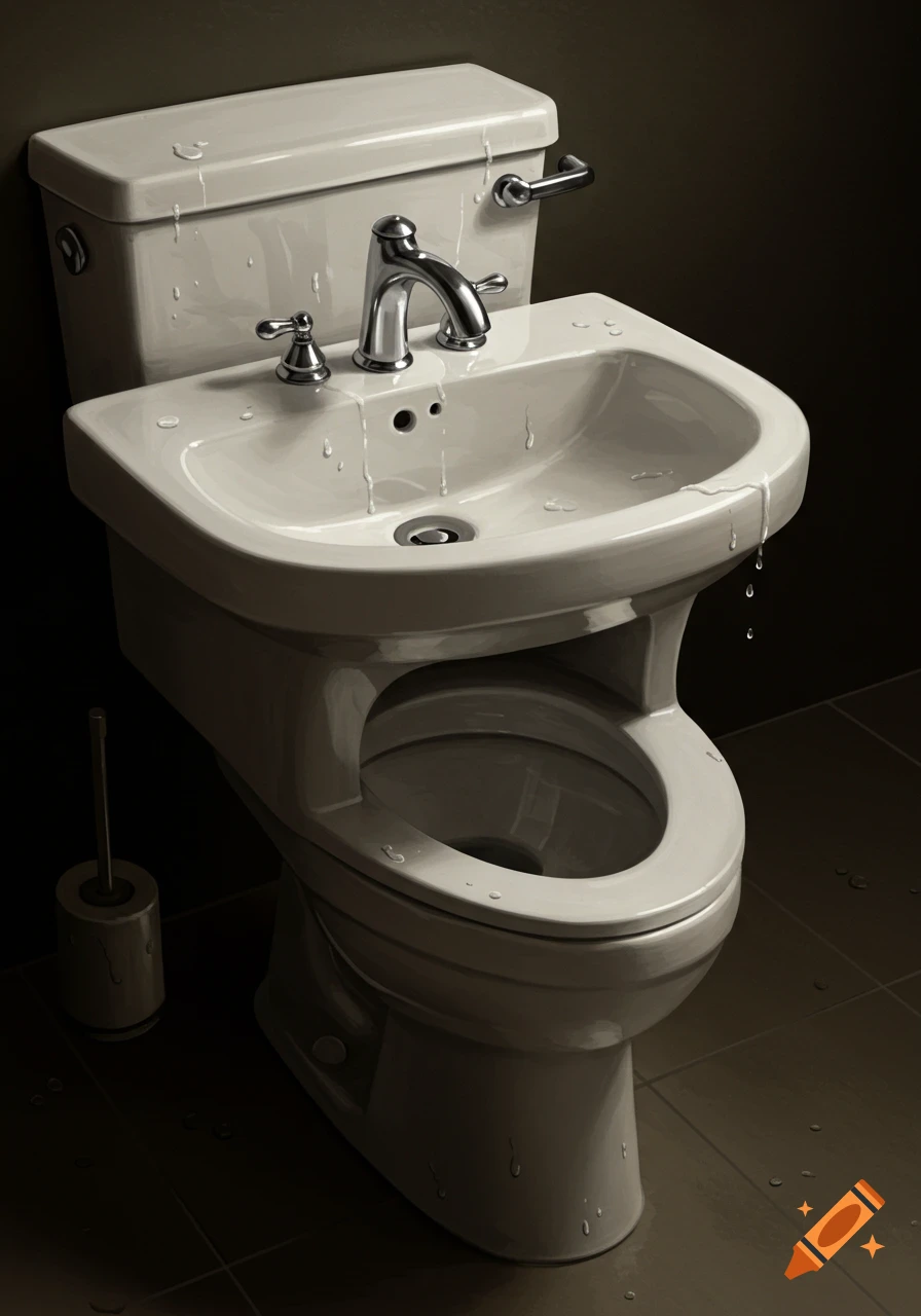 A white toilet with a sink integrated into its tank is covered in water droplets, in a dim bathroom setting.
