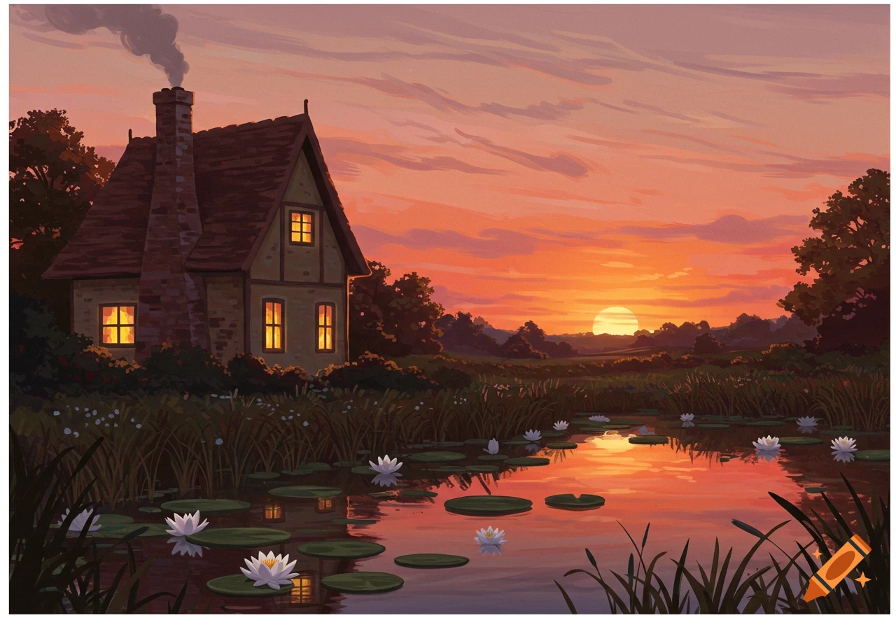 A cozy cottage with glowing windows and smoke from the chimney, beside a lily pond at sunset with vibrant orange and pink skies.