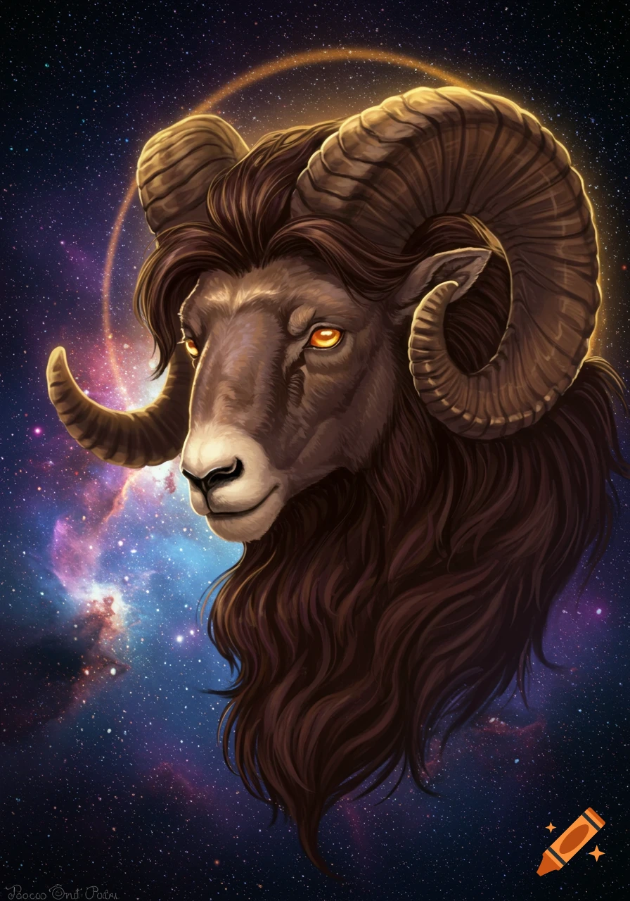 A majestic ram head with glowing eyes against a vibrant cosmic nebula background. Illustrated art style.