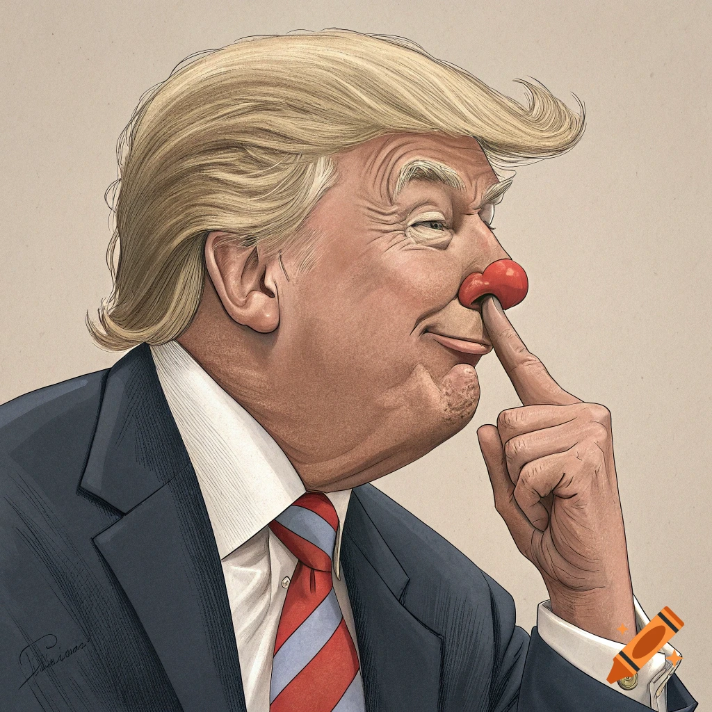 A caricature of Donald Trump with a red clown nose, touching his nose with his finger.