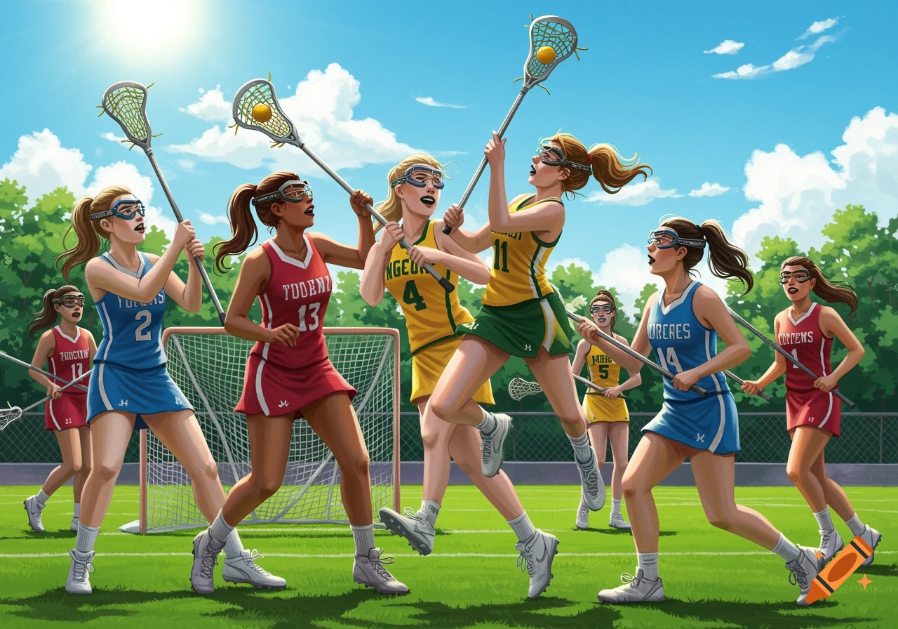A group of female lacrosse players in blue, red, and yellow uniforms on a green field, holding lacrosse sticks, under a sunny sky.