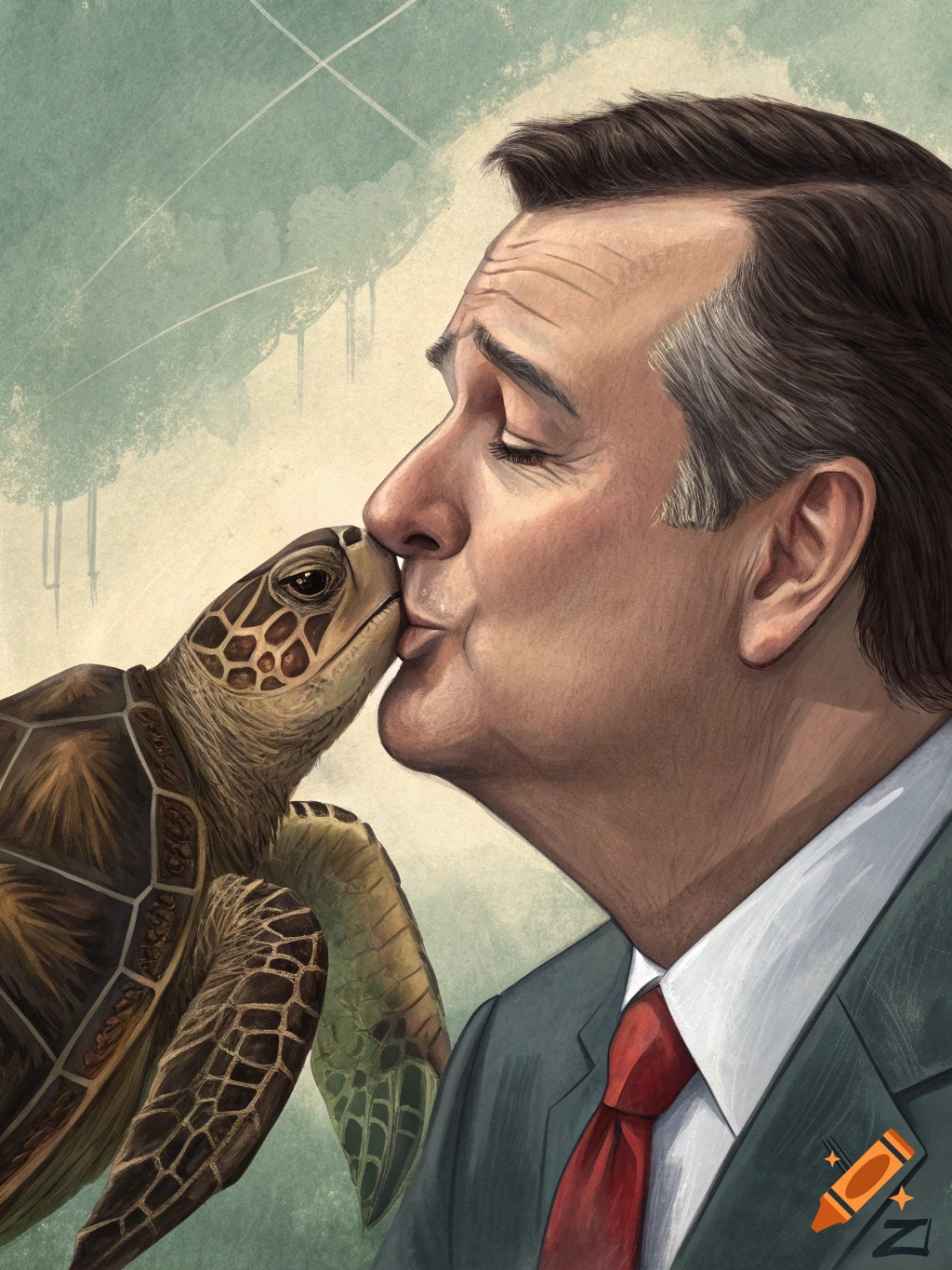 Illustration of a man in a suit kissing a turtle on its snout, depicted in a stylized art style.