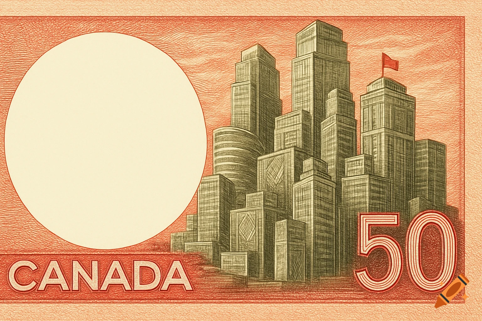 Stylized Canadian 50-dollar bill with a blank white circle, cityscape, and text 'CANADA' and '50' in an engraved style.