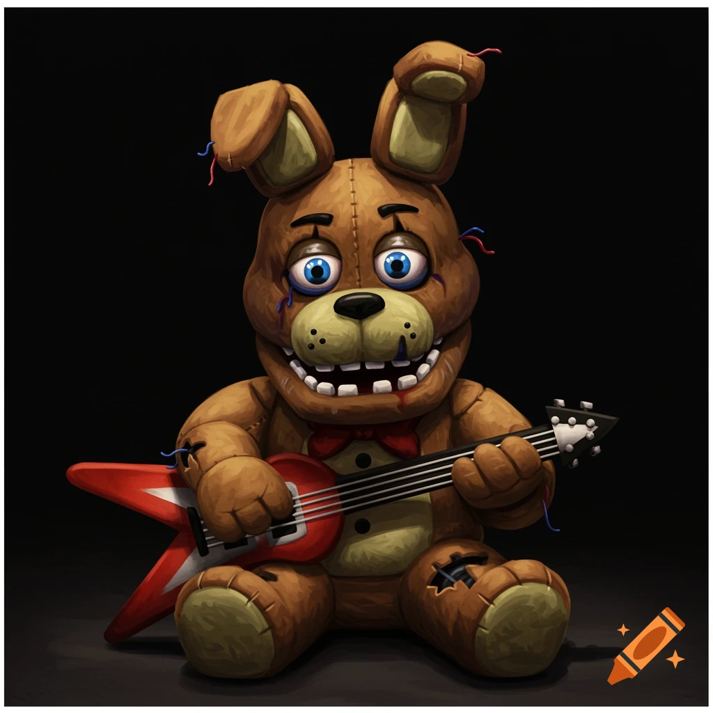 A brown, dilapidated plush bunny with blue eyes and a wide smile, wearing a red bow tie and holding a red electric guitar, against a dark background.