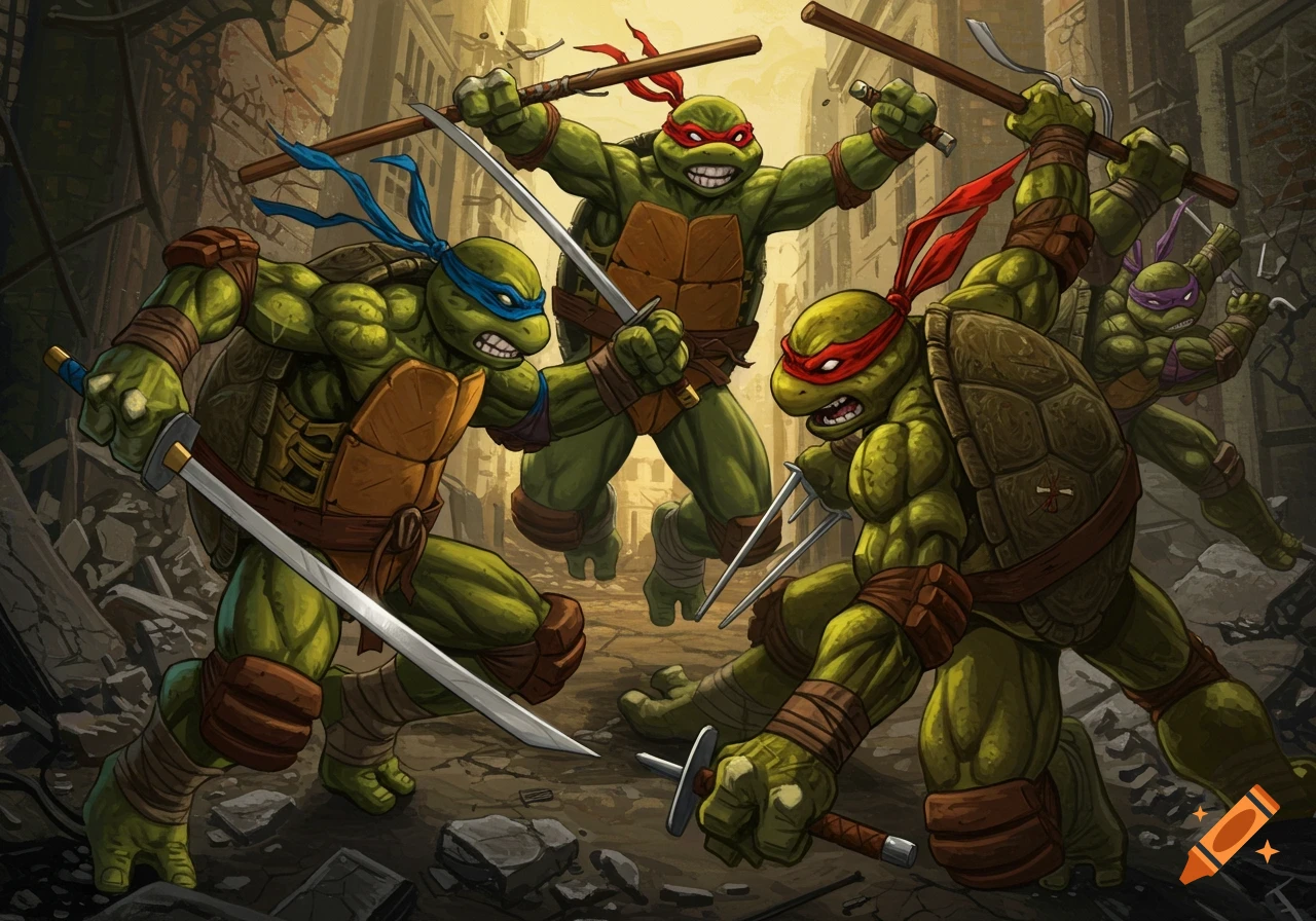 Four Teenage Mutant Ninja Turtles, Leonardo, Raphael, Michelangelo, and Donatello, fight in a destroyed city street in a comic book art style.