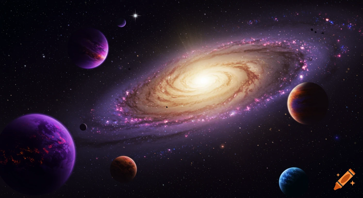 A vibrant spiral galaxy with colorful planets in a star-filled cosmos.