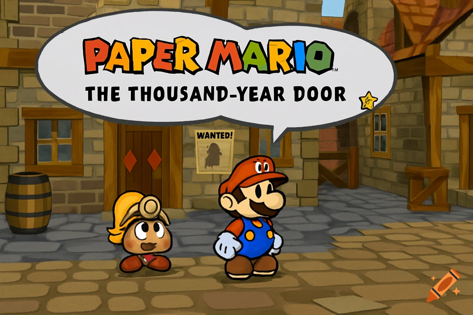 Cartoon style image of Mario and a Goomba standing in a town square with a speech bubble showing the game title 'Paper Mario: The Thousand-Year Door'.