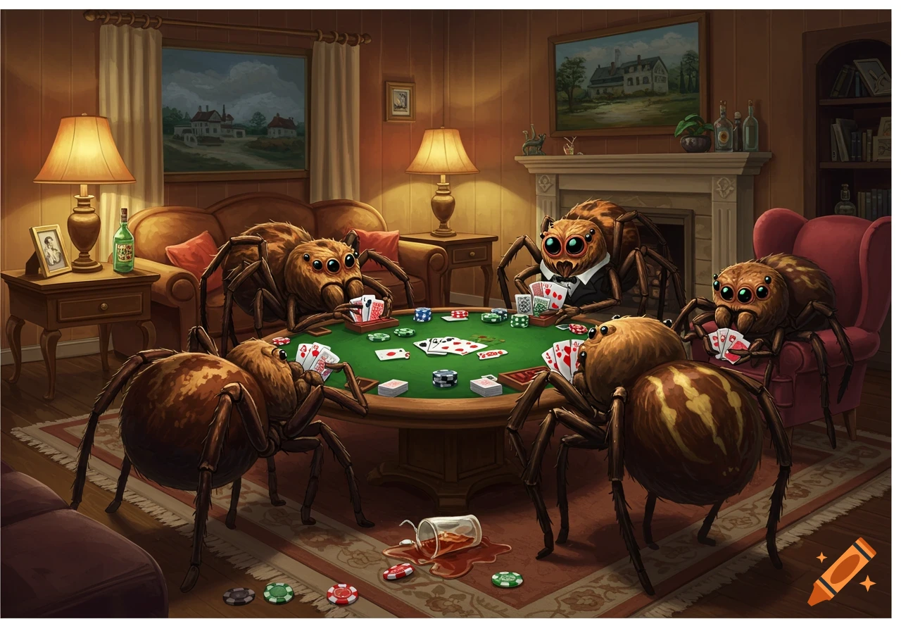 Cartoonish spiders with large eyes playing poker in a dimly lit living room, with a spilled drink on the rug.